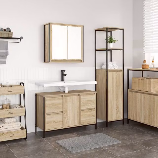 Berkfield Home 2 Piece Modern Bathroom Furniture Set in Sonoma Oak and Beige – 1