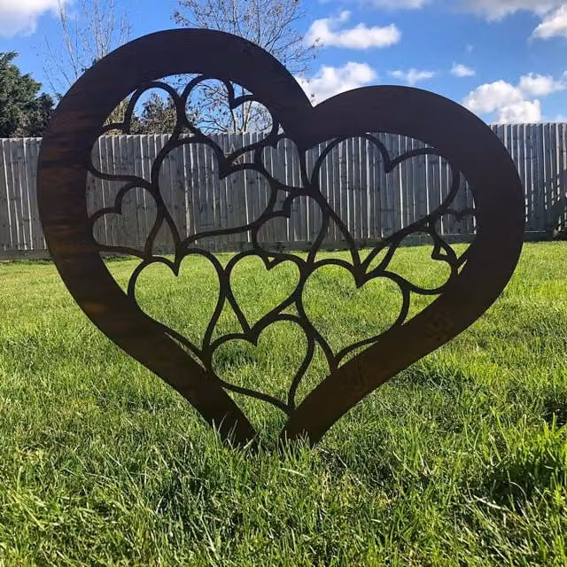 RW Norfolk Brown Rusty Metal Heart Garden Statue and Freestanding Lawn Ornament