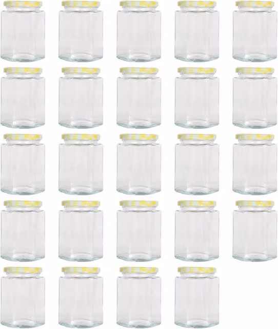Argon Tableware Hexagonal Glass Jam Jars with Yellow Gingham Checked Metal Screw-Top Lids, 250ml, Pack of 24