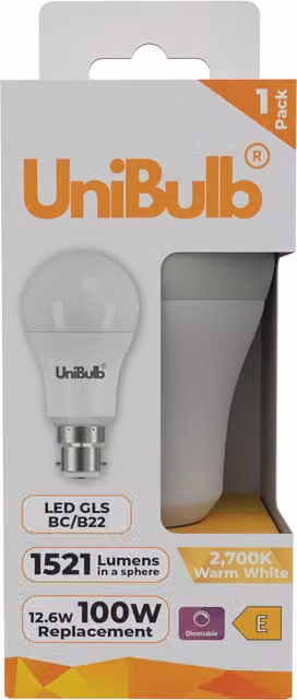UniBulb LED GLS B22 Dimmable Warm White Light Bulb, 1521lm, 2700K