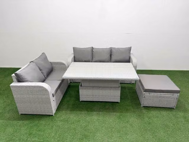 Fimous 6 Seater Grey PE Rattan Wicker Garden Furniture Set with 3 Seater Sofa, Love Seat, Ottoman and Adjustable Lifting Dining or Coffee Table