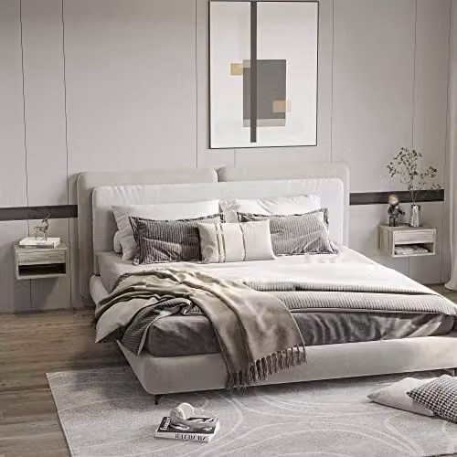 HOMCOM Set of 2 Wall Mounted Floating Nightstands with Drawer and Open Shelf in Grey – 2