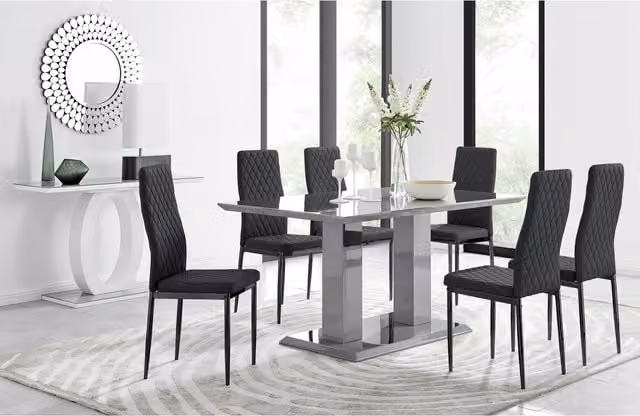 FurnitureboxUK Imperia Grey Dining Table and 6 Milan Black Leg Chairs