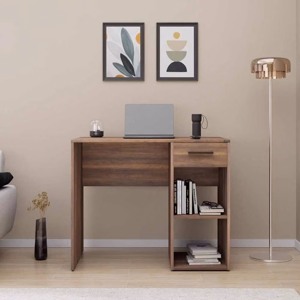 FORGEVIO Modern Walnut Writing Desk with Single Drawer and Metal Accents in Brown – 3