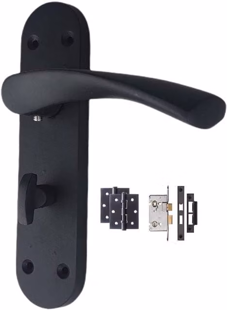 Golden Grace Matt Black Bathroom Door Handles on Backplate
