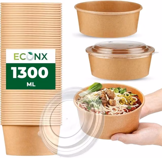 ECONX Disposable Kraft Paper Salad Bowls with Lids, Brown, 1300ml, Pack of 50