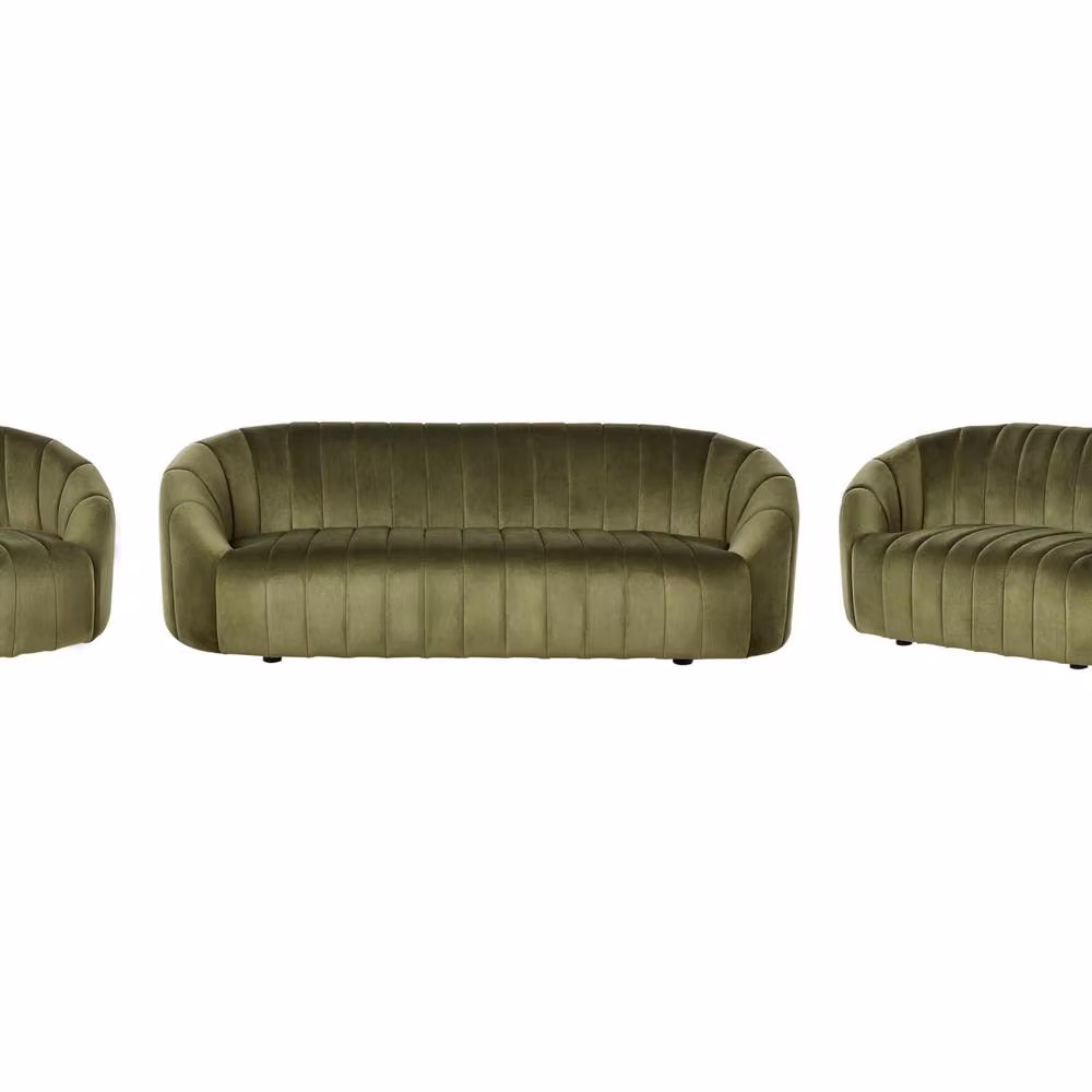 Wyld and Coco Six-Seater Velvet Sofa in Dark Green with Tufted Low Back and Solid Wood Frame – 2