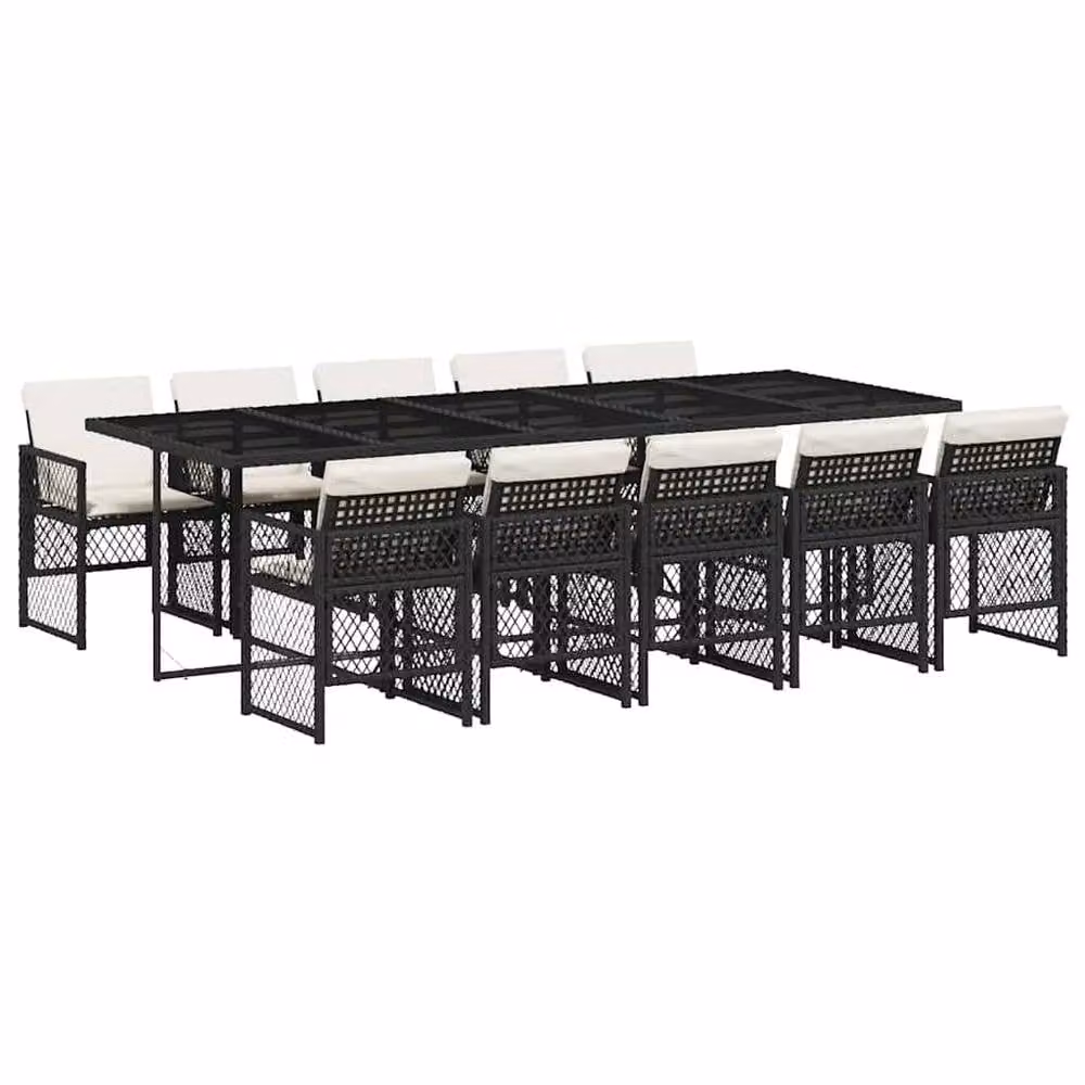Berkfield Home 11 Piece Black Poly Rattan Garden Dining Set with Glass Tabletop and Cushions – 2