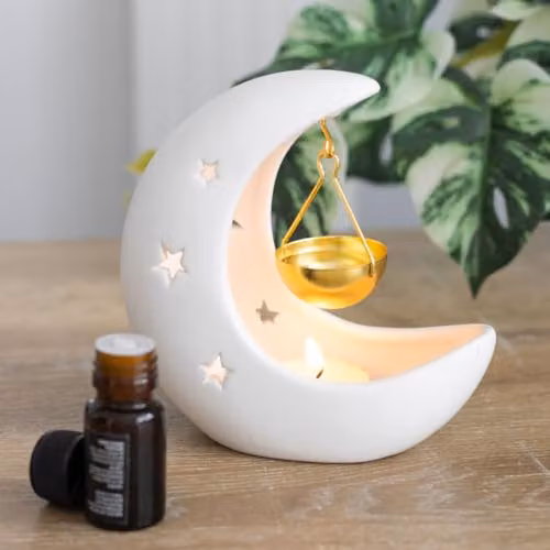 Something Different White Crescent Moon Hanging Ceramic Oil Burner with Gold Metal Dish – 2