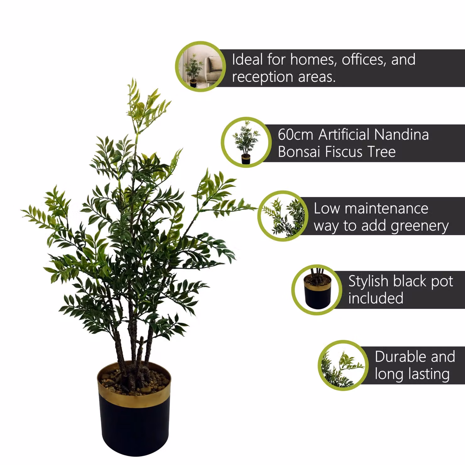 Pegdev 60cm Artificial Nandina Bonsai Ficus Tree Potted Indoor Plant in Green and Black – 2