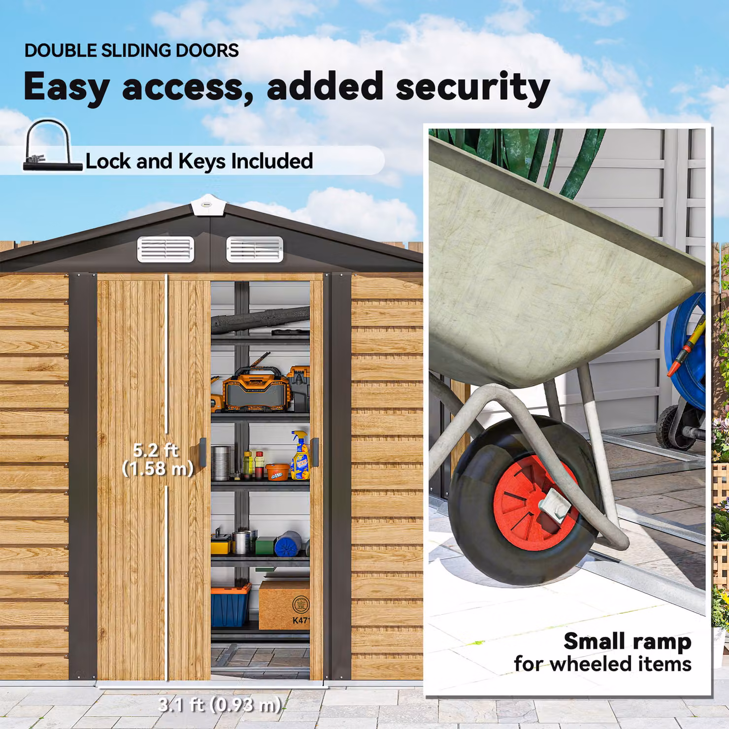 Outsunny Natural Metal Garden Storage Shed with Galvanised Steel Frame, Double Doors, Lock and Foundation Kit, W/D/H: 213.36 x 114.0 x 194.0 cm – 5