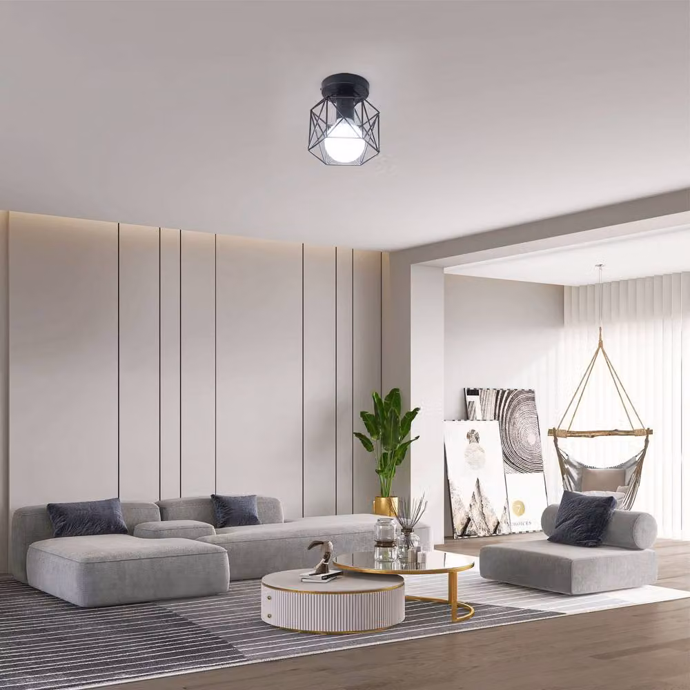 COMELY Set of 2 Industrial Metal Cage Ceiling Lights in Black – 2