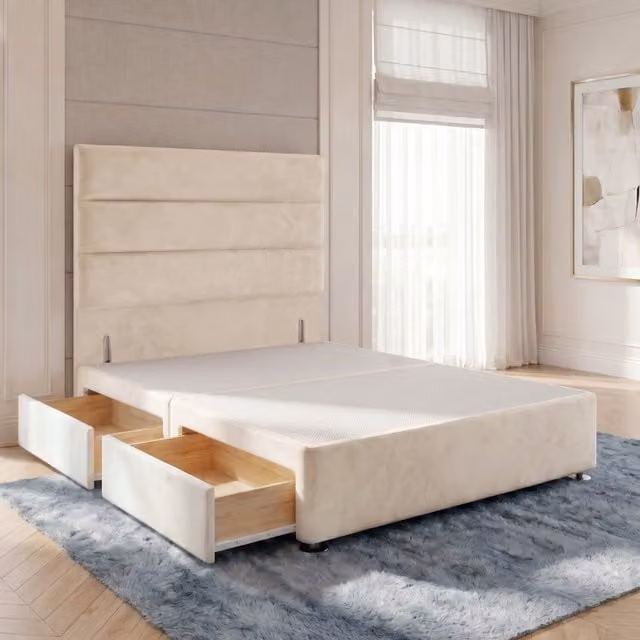 Horizona Velvet Divan Bed Base with Floor Standing Headboard and Drawers, Ivory, W/D/H: 180 x 200 x 34.5 cm