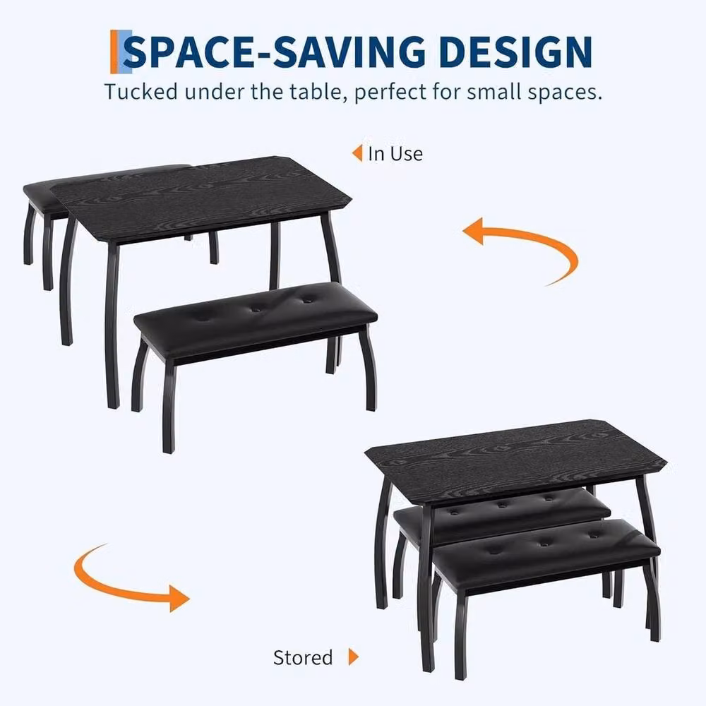 KORVIXA 3 Piece Modern Square Dining Table and Bench Set in Matt Black, W/D/H: 100 x 100 x 76 cm – 3