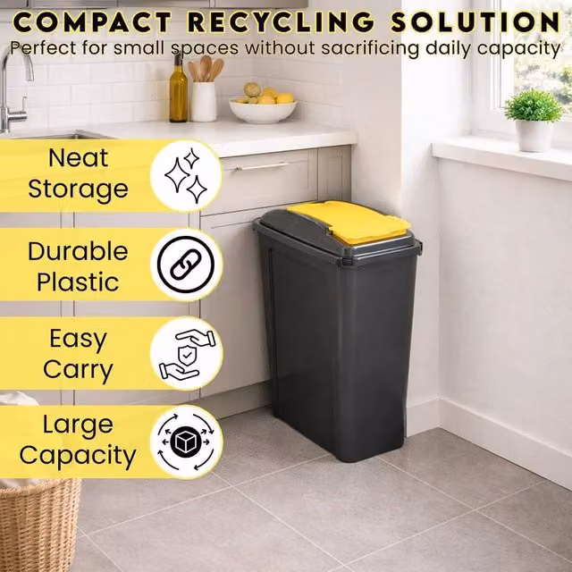 EONLION Slim Plastic Waste Recycling Bin with Lid, Yellow and Black, Height: 100 cm