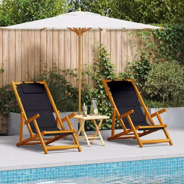 Berkfield Home Set of 2 Folding Beach Chairs in Black Textilene and Wood, W/D/H: 61.5 x 110 x 97 cm – 1