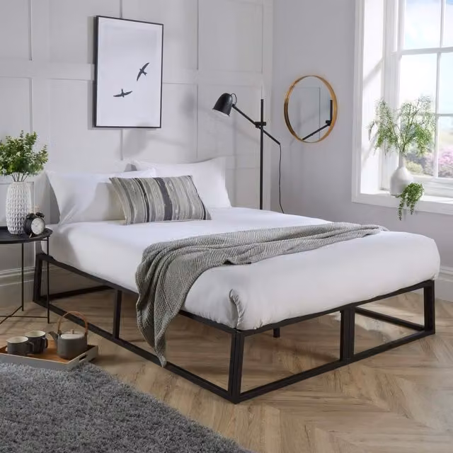 Home Source Contemporary Platform Bed Black Metal Frame With Slatted Support W/D/H: 120 x 200 cm