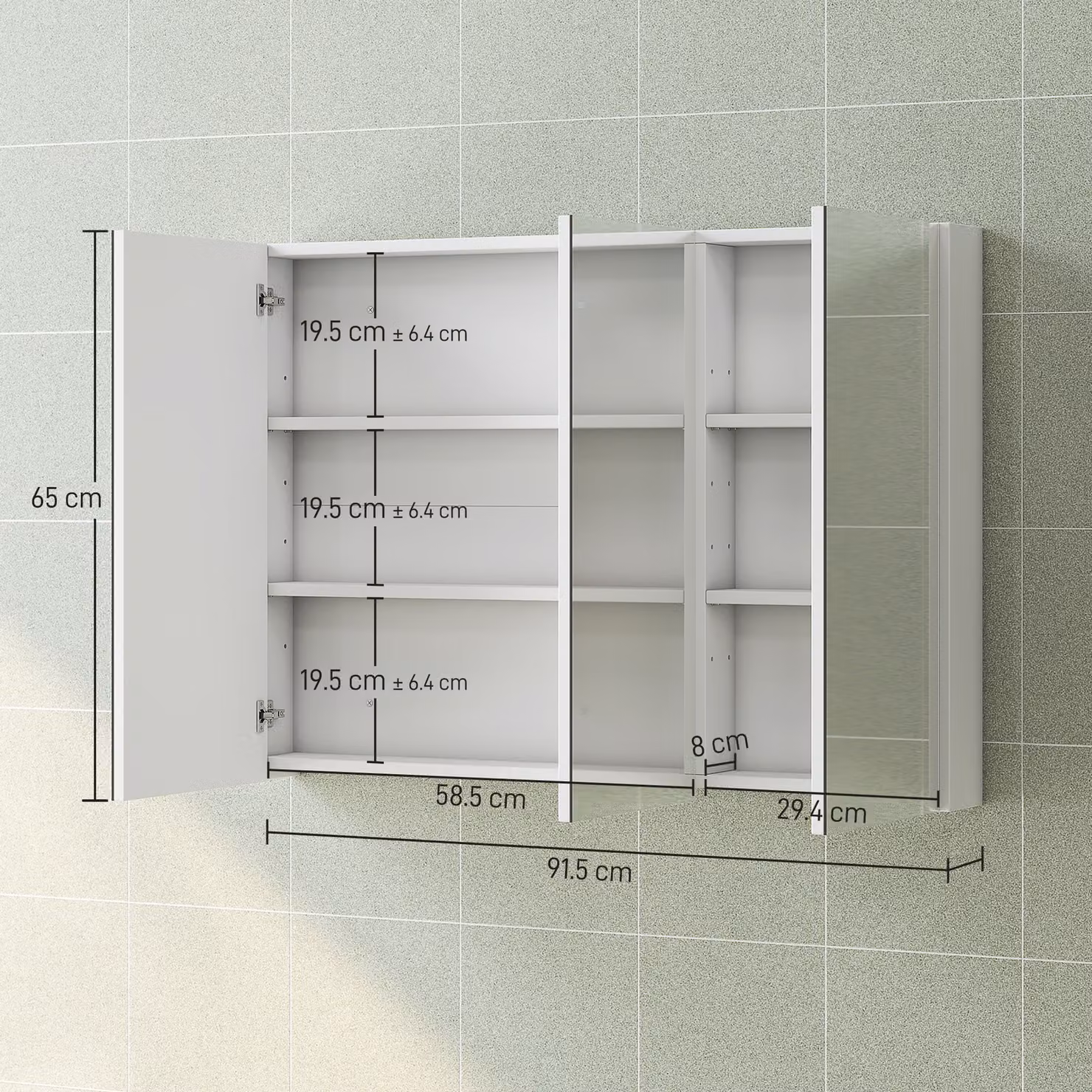 HOMCOM White Three-Mirror Wall Mounted Bathroom Storage Cabinet with Hinged Glass Doors and Internal Shelves, W/D/H: 65.0 x 16.8 x 91.5 cm – 2