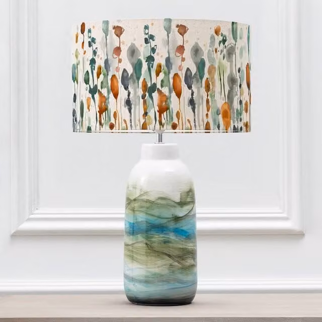 Voyage Maison Javary Ceramic Table Lamp with Arley Eva Fabric Cylinder Lampshade in Green and Multicolour