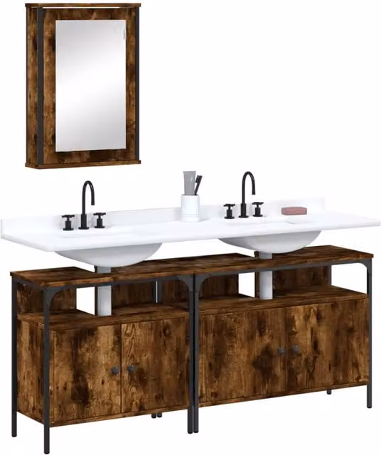 Berkfield Home 3 Piece Industrial Bathroom Furniture Set in Smoked Oak Brown – 1