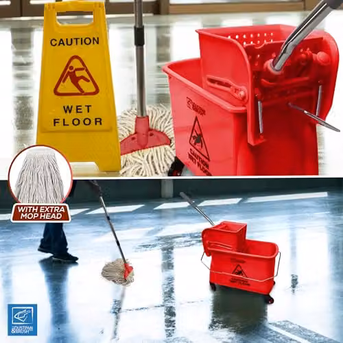 TDBS Kentucky Floor Mop and Bucket Set with Wringer and Refillable Head, Red and Yellow – 7