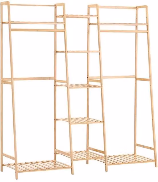 VOGREX Bamboo Corner Garment Rack and Open Wardrobe with Shoe Bag and Shelf in Beige