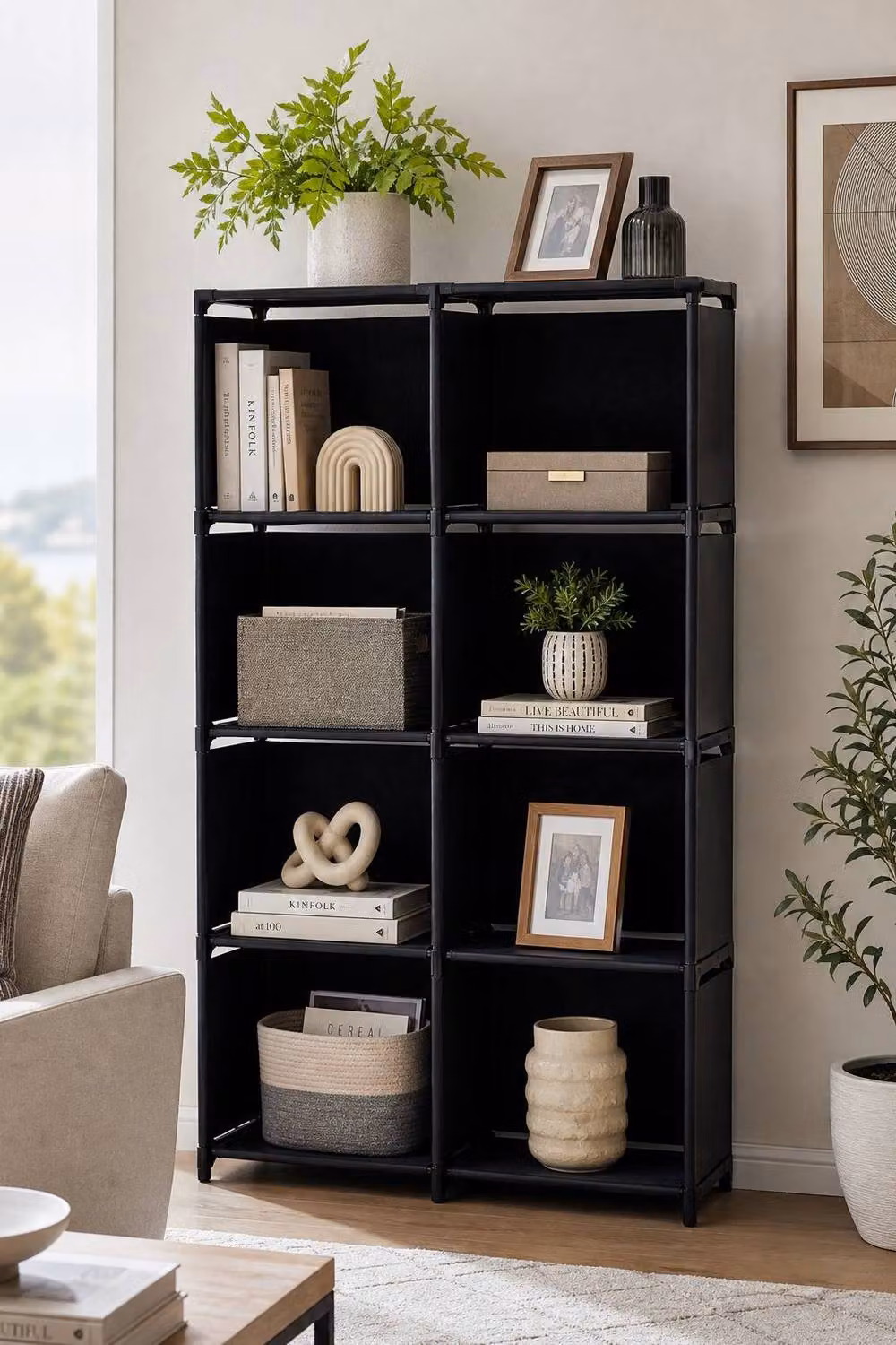ExtraStar Modern Freestanding Multi Level Cube Storage Shelf with Back Panel in Matt Black Metal – 2