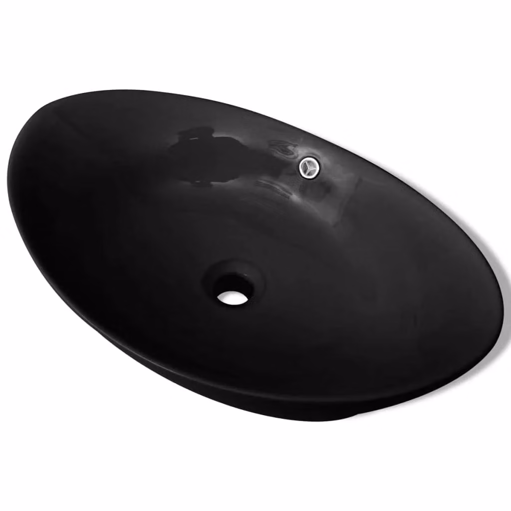 Berkfield Home Black Luxury Oval Ceramic Basin with Overflow W: 59 cm, D: 38.5 cm, H: 5 cm – 2