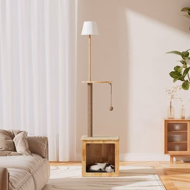 Livingandhome 2-in-1 Cat Climbing Floor Lamp with Sisal Post and Toys, Brown