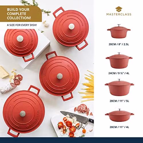 MasterClass Red Cast Aluminium Casserole Dish with Lid, 4L, 24 cm – 7