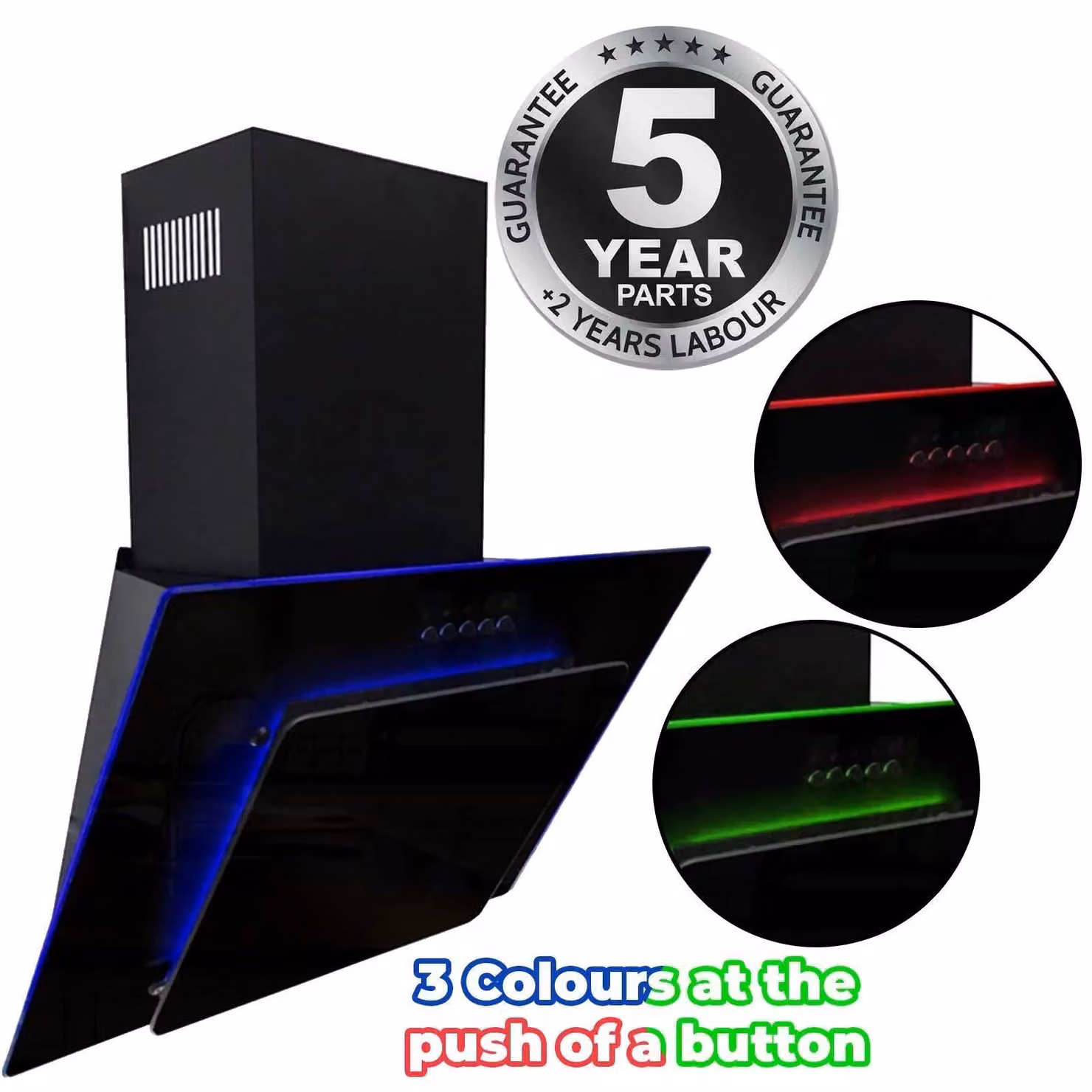 SIA AGE61BL Black Glass Angled Kitchen Cooker Hood Chimney Extractor Fan with Red, Blue and Green LED Edge Lit Mood Lighting, Width: 60 cm – 5