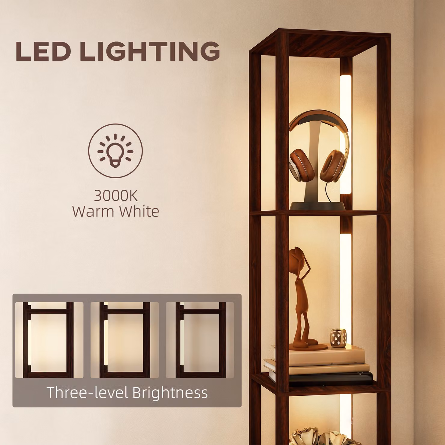 HOMCOM Modern LED Floor Lamp with Shelves and Fabric Drawer, Dimmable Warm White Column Standing Lamp in Dark Brown, H 169 x W 26.5 x D 26.5 cm – 5