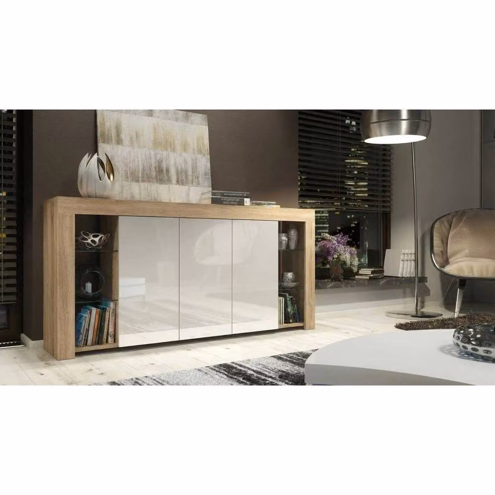FORGEVIO Modern TV Unit Stand Cabinet Sideboard in White and Light Oak with Integrated Lighting – 2