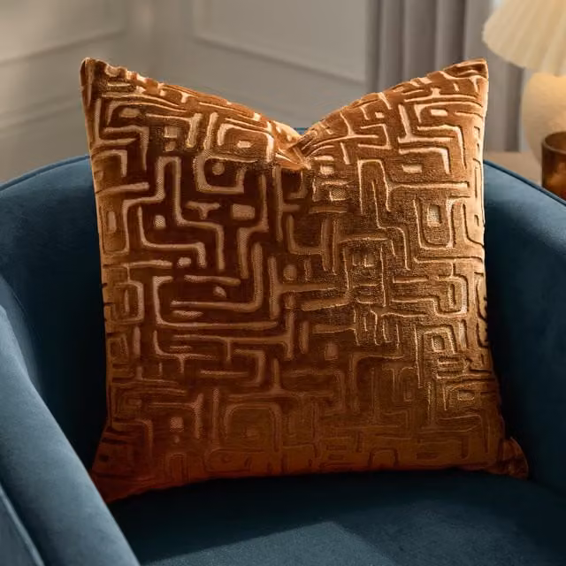 Soren Cut Velvet Abstract Square Cushion in Copper, Brown and Orange with Feather Filling
