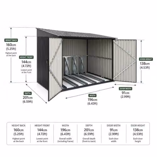 Nicoman Anthracite Grey Metal Steel Pent Bike Storage Shed with Double Doors, H 201.0 x W 160.0 x D 196.0 cm – 3