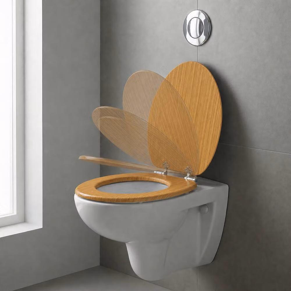 SINOBATH Antibacterial MDF Soft Close Toilet Seat with Quick Release Hinges, Light Brown, Oval Shape – 3