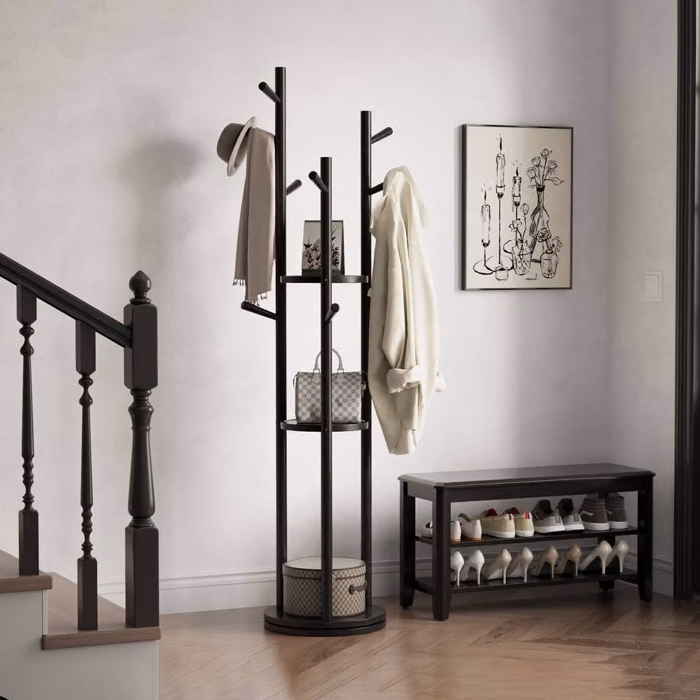 YQJJGL Black Solid Wood Freestanding Coat Rack with 3 Storage Shelves and Hooks, H 164 x W 40 x D 40 cm – 2