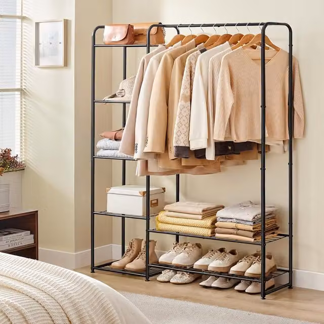 SONGMICS Black Metal Clothes Rack and Open Wardrobe with Shelves and Clothes Rail