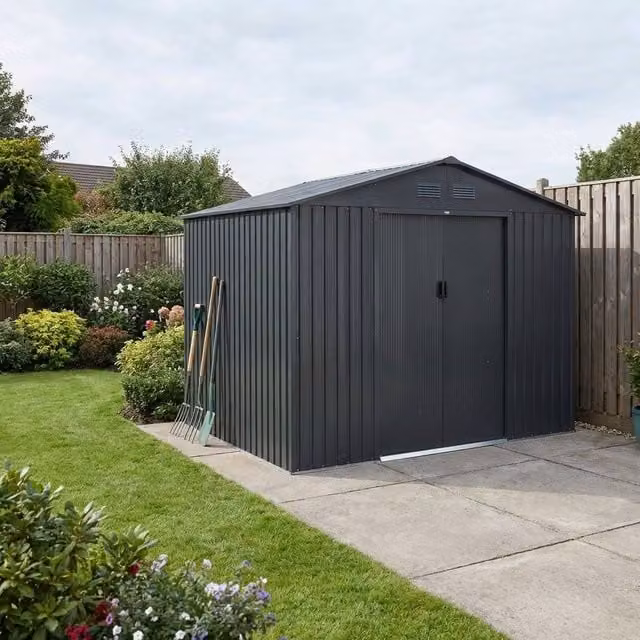 sweeek Metal Garden Storage Shed in Dark Grey, W: 263 cm, D: 302 cm, H: 203 cm – 1