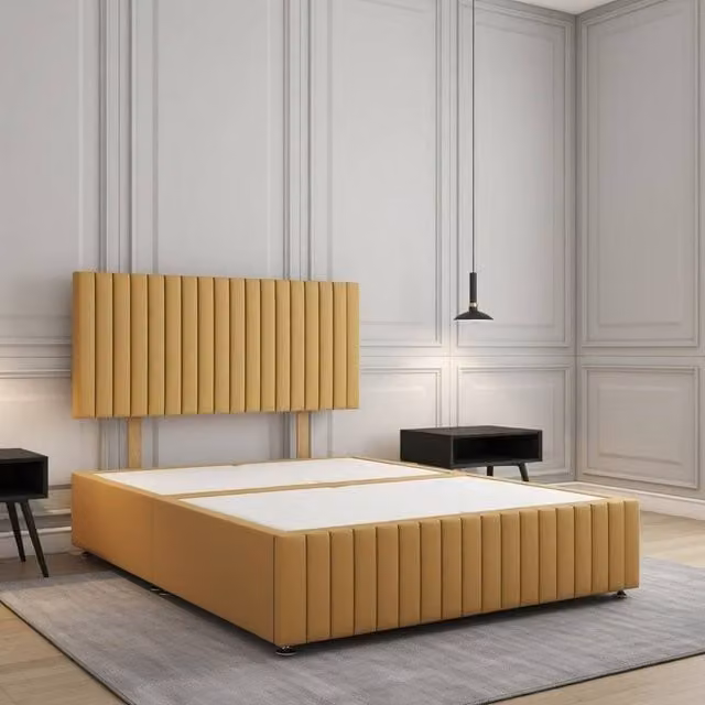 Regional Furnishings Plush Velvet Divan Bed Base with 24 inch Headboard and Footboard in Mustard Yellow, Small Double, W/D/H: 120 x 200 cm