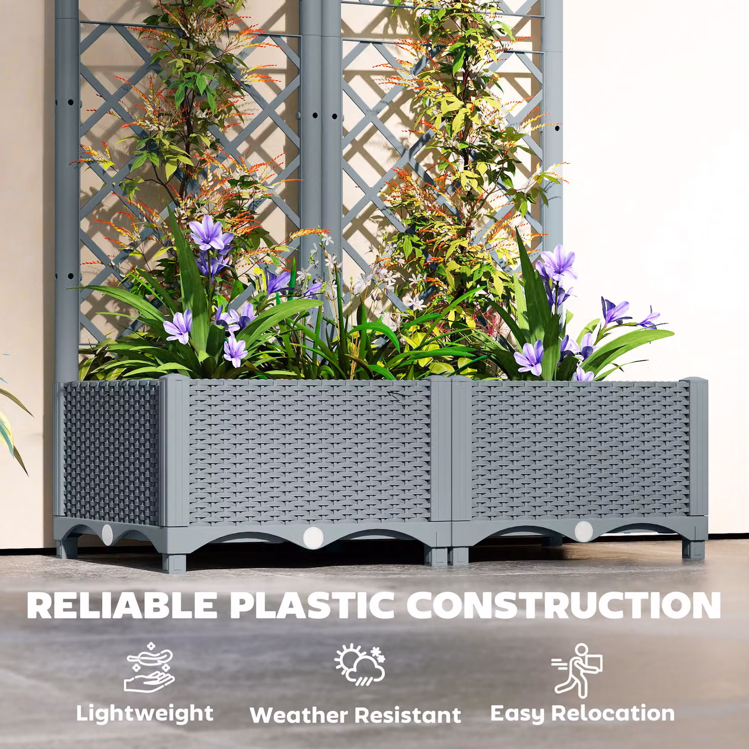 Outsunny Raised Garden Bed with Trellis and Water Reservoirs, Grey Plastic Planter Box for Vegetables and Climbing Plants, W/D/H: 123 x 80 x 40 cm – 4