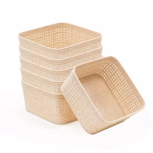 Libbi Lou Set of 6 Stackable Woven Design Plastic Storage Baskets in Beige, W/D/H: 12 x 12 x 12 cm