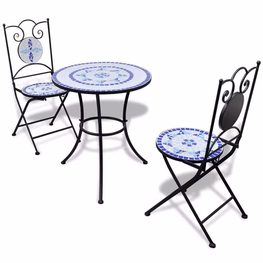 Berkfield Home 3 Piece Mediterranean Bistro Set in Blue and White with Ceramic Tile Top – 1