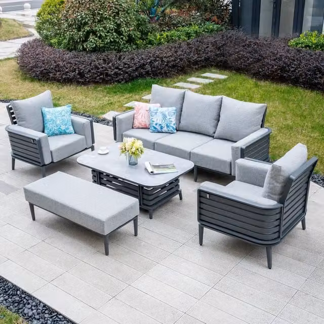 Mimo 5-Piece Grey Powder Coated Aluminium Outdoor Sofa Set with 3-Seater Sofa, 2-Seater Sofa, Coffee Table and Upholstered Cushions – 1