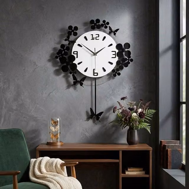 Premier Housewares Floral Pendulum Wall Clock in Black and White – 2