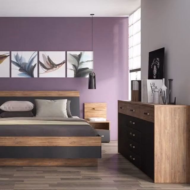 Jonas & James Orlando Two Door Five Drawer Wide Cupboard in Stirling Oak and Black