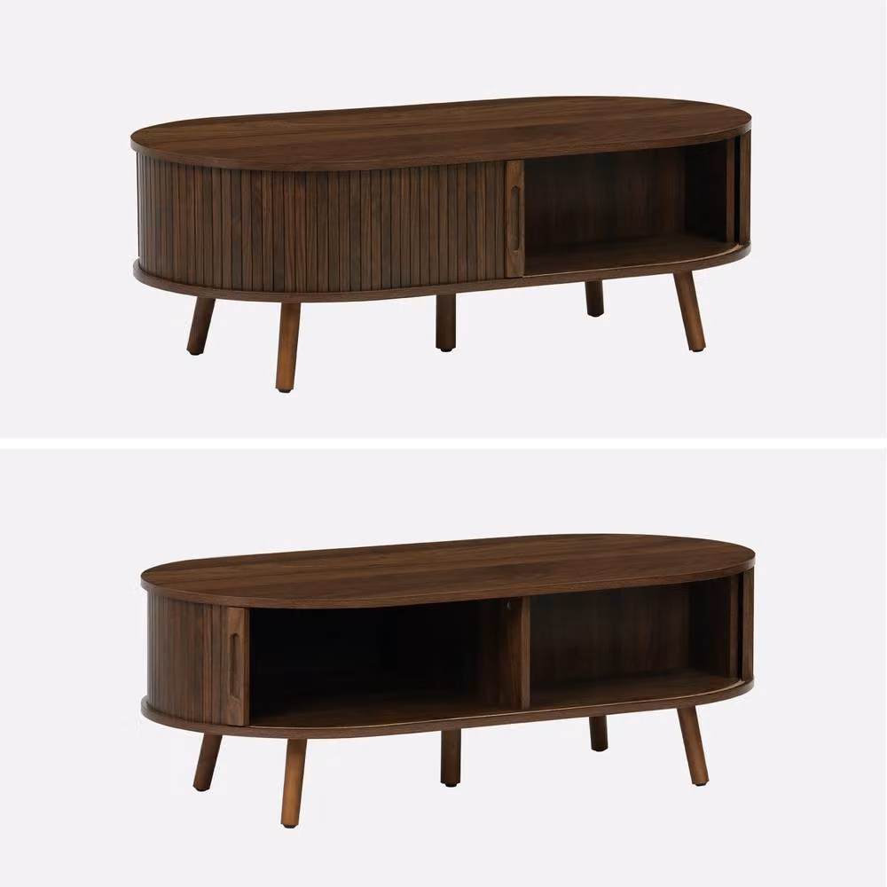 sweeek Coffee Table with Sliding Doors and Grooved Wooden-effect Compartments in Dark Brown, W/D/H: 120 x 59 x 39 cm – 2