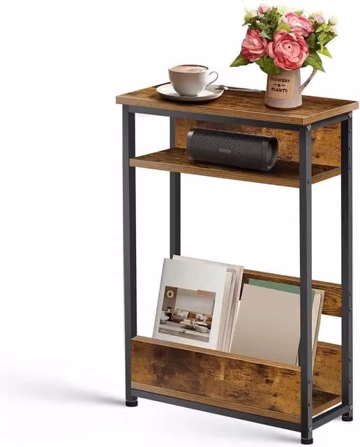 FLAVORA Slim Modern Bedside Table with Shelf and Drawer in Brown – 1