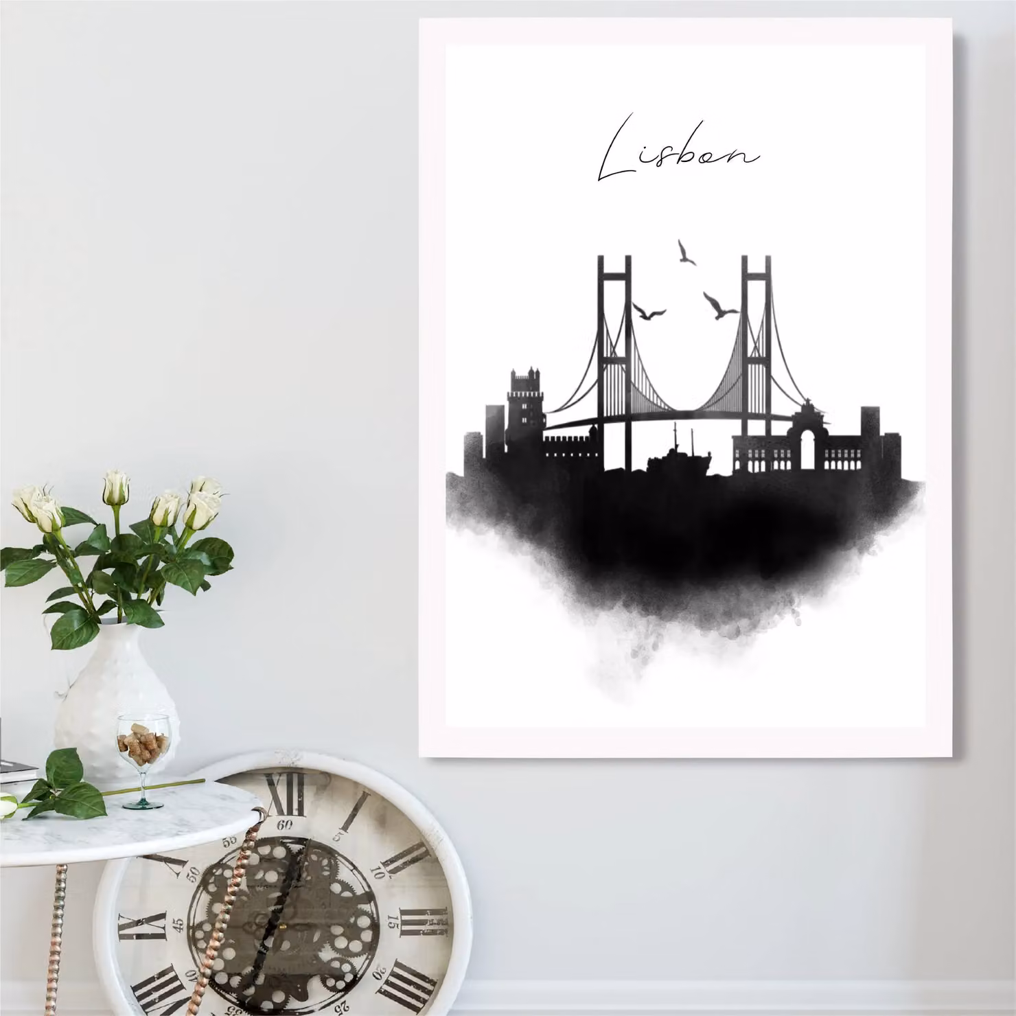 ARTZE Lisbon Watercolour Skyline City Framed Print, Black and White, A2 – 2