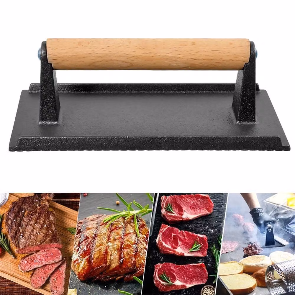 KORVIXA Cast Iron Grill Press with Wood Handle in Black, W/D/H: 15 x 15 x 10.5 cm – 3